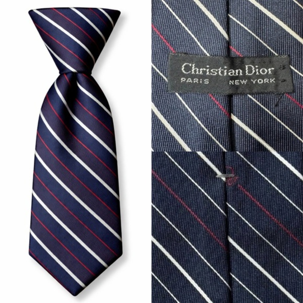 Vintage Christian Dior Paris New York Silk Tie 80s 90s Navy Red Stripe 3.25"